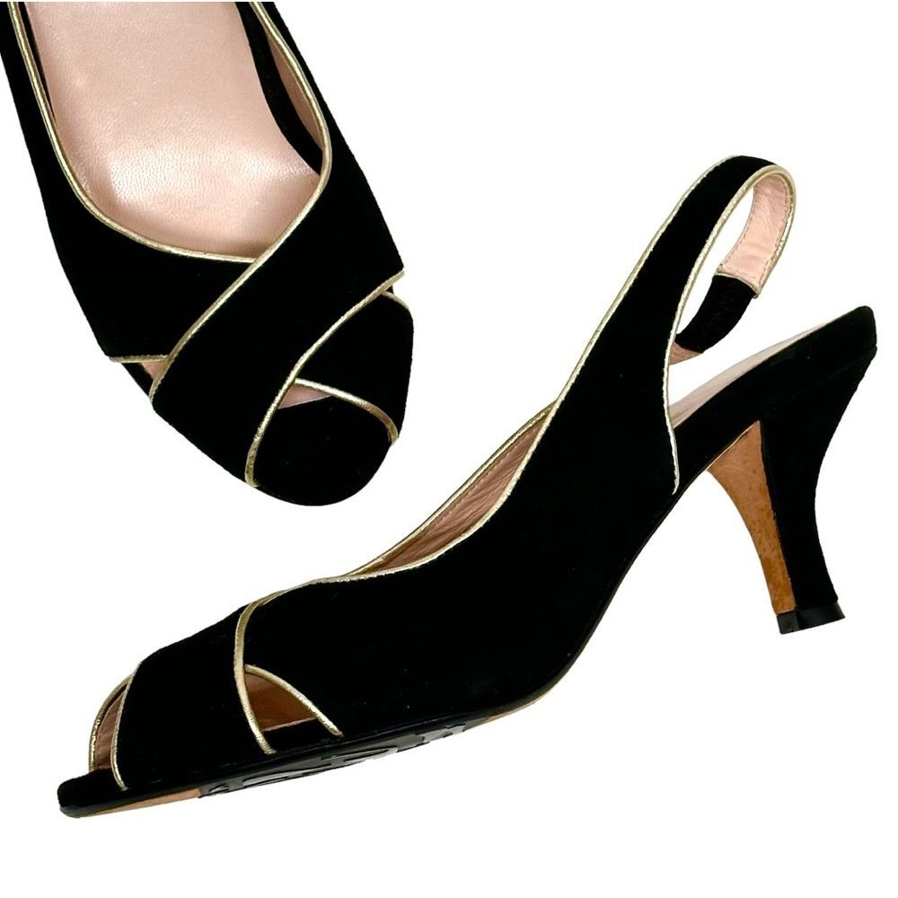 TARYN ROSE Black Suede Slingback Pumps 3” Heels Gold Trim Peep Toe 6.5 M